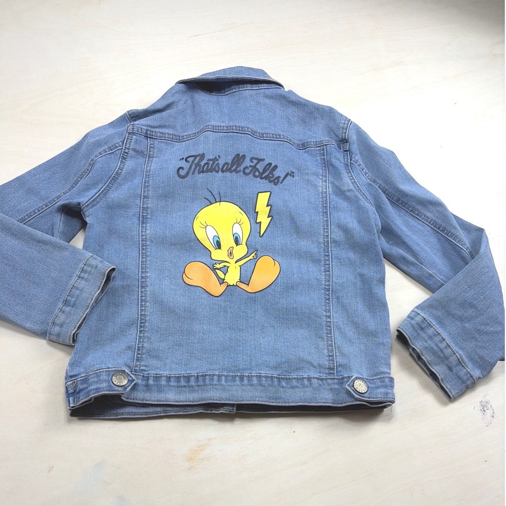 Looney Tunes Tweety Bird Denim Jacket Kids L 10/12 Trucker That's All Folks